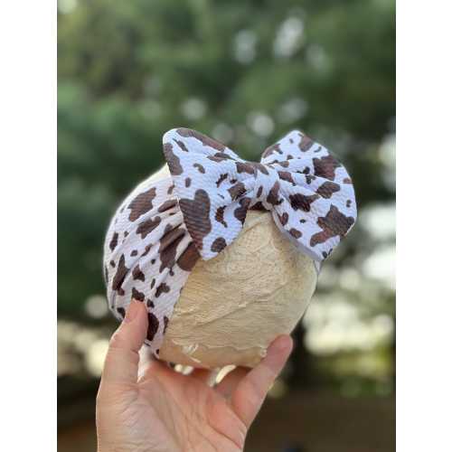 Brown and White Western Cow Print Baby Bow Headband, Soft Fabric Head Wrap, Cowgirl headband, rodeo bow, western chic style