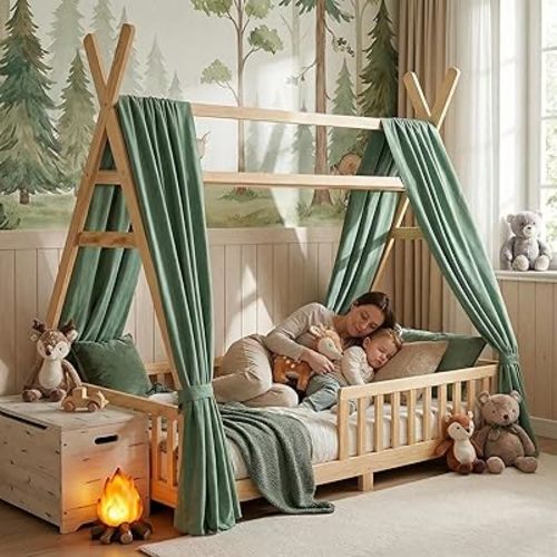 Twin House Bed with Light,Wood Twin Montessori FloorBed with Rails & Roof,Teepee Bed for Kids Boys Girls,with Slats Support,No Box Spring Needed, Natural