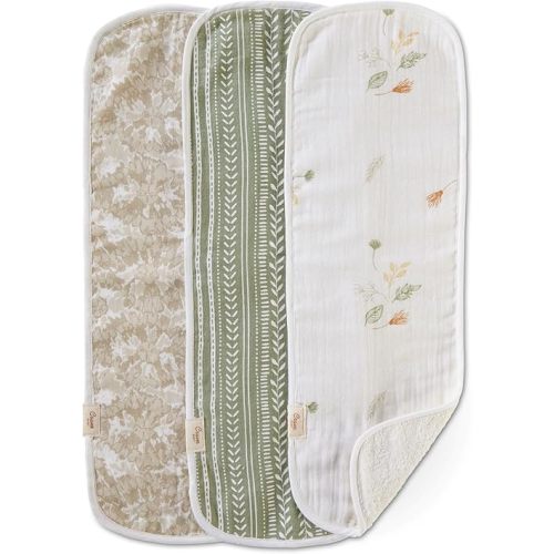 Crane Baby Willow 3-Piece Cotton Burp Cloth Set, Mixed Prints - Lightweight, Absorbent, Perfect for Nurseries and Diaper Bags