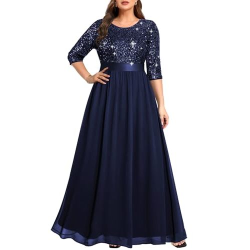 Pinup Fashion Plus Size Formal Evening Dress Wedding Guest Bridal Gowns | Lace bodice, 3/4 sleeves, empire waist, chiffon skirt, floor length, back zipper, for mother of bride/groom, bridesmaid