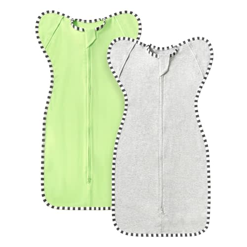QUENESS Transition Swaddle, 2 Pack 100% Cotton Baby Sleep Sack, 2-Way Zipper Infant Arm Up Swaddle for Newborn Baby Boys Girls (Light Green + Light Grey, L(6-9 Months))