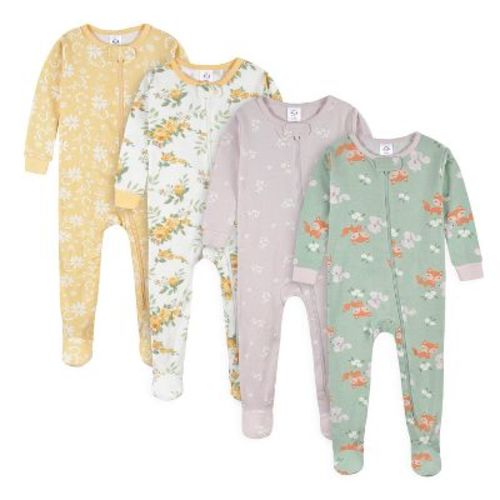 Gerber Baby Girls' 4-Pack Snug Fit Footed Cotton Pajamas, Roses & Fox, 9M
