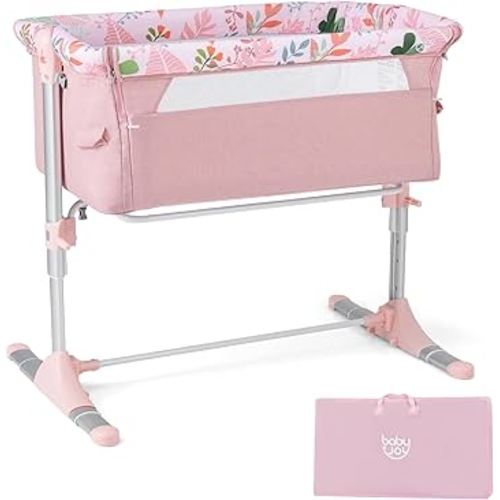 BABY JOY Bassinet, Printed Folding Bedside Crib w/Adjustable Height, Retractable Feet, Soft Mattress & Portable Carry Bag, Baby Bassinets Bedside Sleeper for Newborn Infant, Pink