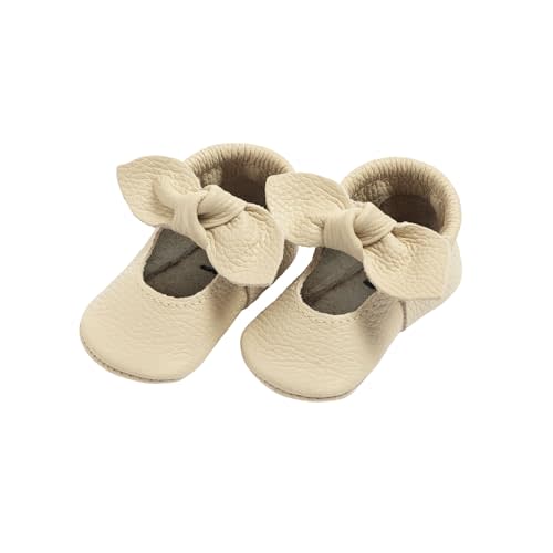Freshly Picked First Pair Knotted Bow Baby Girl Leather Moccasins - Soft Sole Baby Shoes, Infant Shoes