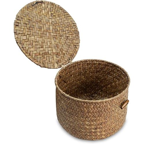 Seagrass Handmade Basket with Lid, Small Round Basket for Storage, Decorative Home Organizer Decor(7.1"L x 7.1"W x 4.7"H, Coffee)