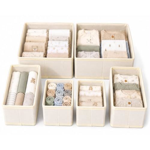 6 Pack Baby Drawer Organizers, Nursery Dresser Drawer Storage Bins, Foldable Fabric Organizers for Baby Clothes, Diapers, Socks, Bibs & Accessories, Beige