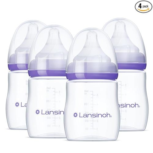 Lansinoh Anti-Colic Baby Bottles for Breastfeeding Babies, 5 Ounces, 4 Count, Includes 4 Extra Slow Flow Nipples, Size XS