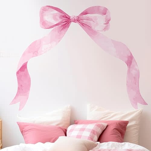 Fullhawl 59 x 45 Inch Large Pink Bow Wall Stickers Peel and Stick Coquette Girl Room Decor Large Watercolor Bow Stickers Preppy Waterproof Vinyl Decals Wall Decor for Girl Room Nursery Kindergarten
