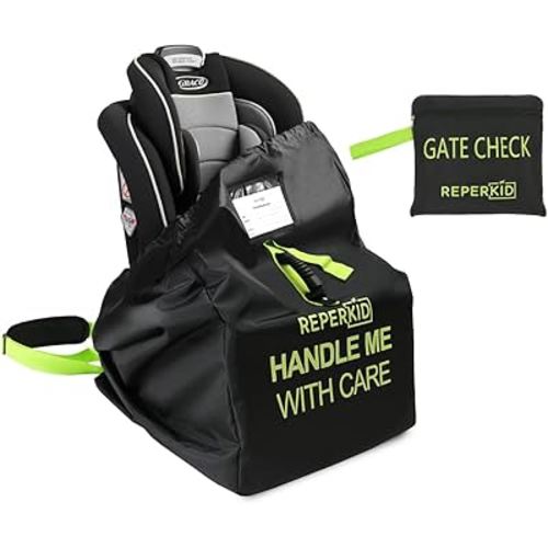 reperkid Car Seat Travel Bag for Airplane, Black and Green, 33" H x 18" W x 18" D, Fits Most Convertible, Booster and Infant Car Seats – Premium Waterproof Cover, Adjustable Shoulder Strap