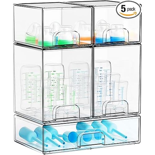 Yieach 5 Set Clear Baby Bottle Organizer for Countertop,BPA FREE Bottle Station Organizer for Breast Pump Parts,Pacifier and Baby Accessories,Stackable Drawers for Bathroom,Cabinet,Pantry Organization