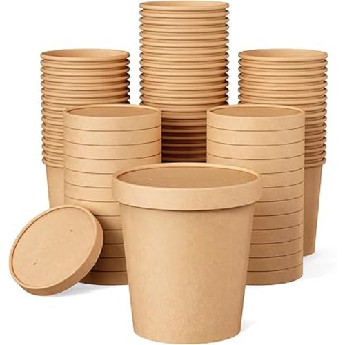 50pack 16oz Paper Soup Containers with Lids, Disposable Kraft Paper Food Cups, Ice Cream Cups, Food Storage with Lids, Microwavable and freezer safe, Suitable for Christmas Thanksgiving (Brown)