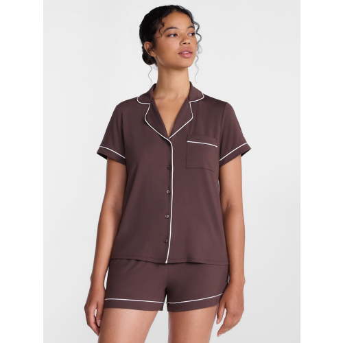 Joyspun Women’s Dreamy Soft Collection Notch Collar Knit Top and Boxer Shorts, 2-Piece Pajama Set, Sizes XS-3X