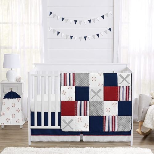 Sweet Jojo Designs Red, White and Blue Baseball Patch Sports Baby Boy Crib Bedding Set - 4 Pieces - Grey Patchwork Stripe
