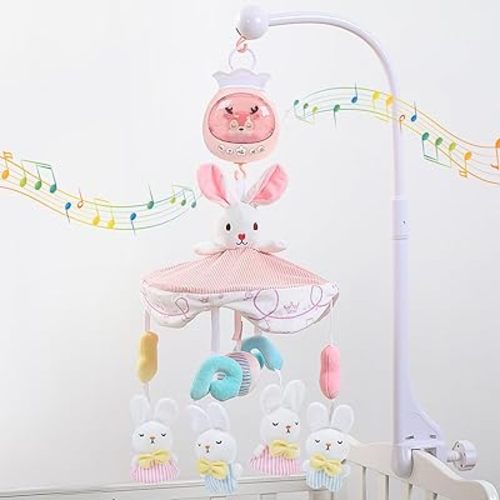 Baby Crib Mobile for Girls with Music, Lights & Projection, Adjustable Volume, 360° Rotating Plush Crib Toys with Detachable Musical Box, Hanging Mobile for Crib, Nursery Decor