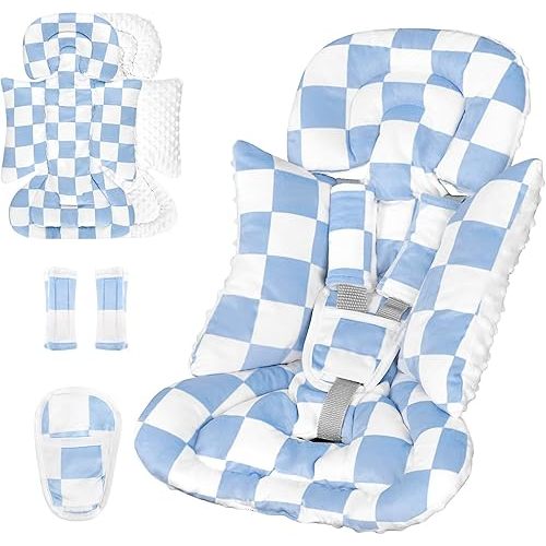DILIMI Infant Car Seat Insert, Baby Car Seat Head Support with 3 Strap Paddings, Soft Newborn Car Seat Cushion for Stroller, Swing, Bouncers, Blue Checkered