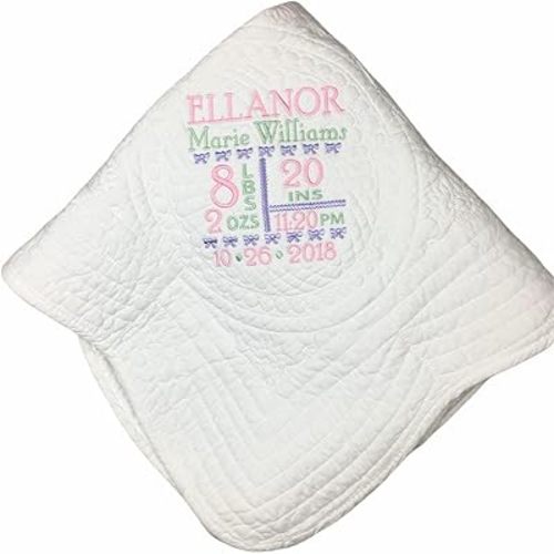 Personalized Baby Blanket – Custom Name, Monogram & Birth Stats, Soft Cotton Heirloom Quilt Keepsake, Unique Baby Gift for Boys & Girls (Birth Stats Design)