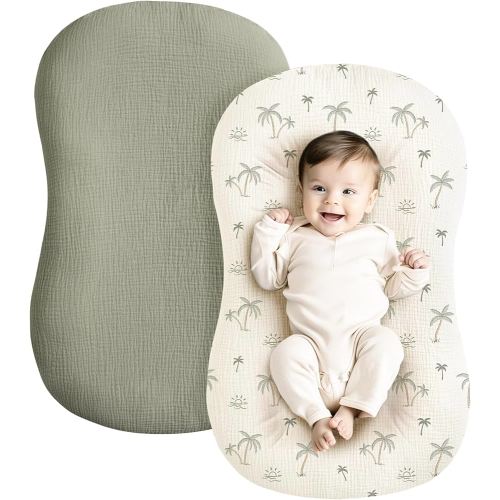 Konssy Muslin Baby Lounger Cover 2 Pack, 100% Cotton Newborn Lounger Cover, Soft and Breathable Baby Nest Slipcover for Boys Girls (Tree,Fog Green)
