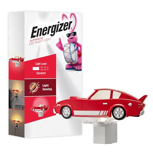 Energizer Race Car Night Light, Light Sensing, LED, Soft White, 3000K, Red, Nightlight for Bedroom, Bathroom, Nursery, Hallway, Kitchen, 1pk, 82404