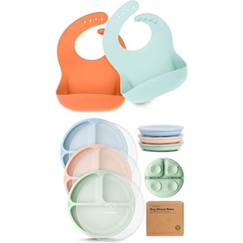 KeaBabies 2-Pack Baby Silicone Bibs and 3-Pack Suction Plates with Lids for Baby - Waterproof, Easy Wipe Silicone Bib for Babies, Toddlers - 100% Silicone Suction Plates for Baby, Kids, Toddler Plates