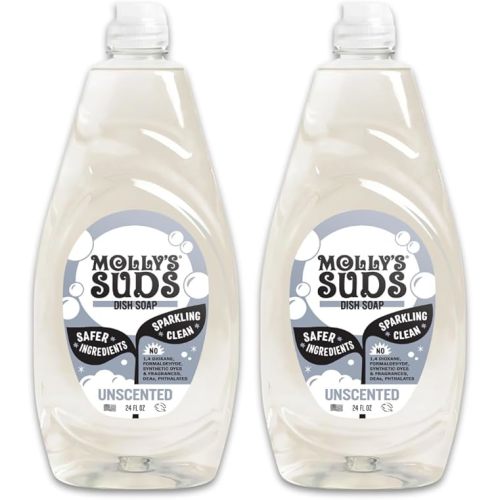 Molly's Suds Liquid Dish Soap | Clean, Simple Ingredients | Extra Scrubbing Power | Unscented, 24 oz - 2 Pack