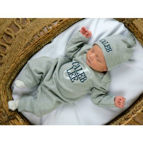 Monogrammed Gray Footie Romper: Newborn Baby Boy Coming Home Outfit