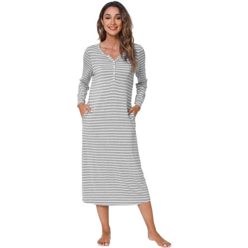 WiWi Nightgowns for Women Super Soft Sleepwear Long Sleeve V Neck Nightshirts Viscose from Bamboo Cooling Nightdress S-XXL