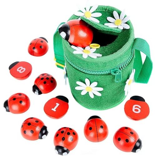 Counting Ladybugs - Montessori Wooden Counting Toy for Girls 3 4 5 Year Old - Ladybug Learning Toys for Toddlers - Preschool Kids Toys for Number Matching, Sorting & Fine Motor Skills - Lady Bug Gifts