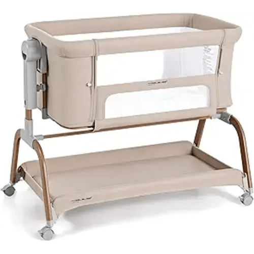 3 in 1 Baby Bassinet, Rocking Bassinets Bedside Sleeper with Comfy Mattress and Wheels, 6 Height Adjustable Easy Folding Portable Bedside Crib for Newborn Infant (Khaki)