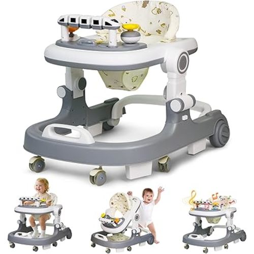 Baby Walker with Wheels, 4 in 1 Foldable Baby Walkers for Boys Girls 6-18 Months, 3 Level Height Adjustment with Bouncing, Feeding Tray & Music, Baby Walker with Activity Center, Toddler Push Walker