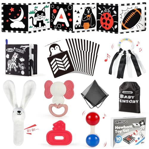 Baby Toys for 0-6 Months, High Contrast Black and White Sensory Toys for Newborn 0-6 M, Rattle Teether Tummy Time Audio Visual Stimulation Learning Activity for 0-12 Months, Baby Boy Girl Gifts 10 Pcs