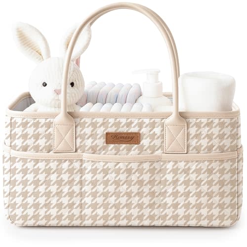 Konssy Quilted Diaper Caddy Organizer, Diaper Caddy Basket with PU Leather Handles, Water-Repellent Nursery Storage Basket, Portable Car Organizer, Registry Search Must Haves (Apricot Hound)