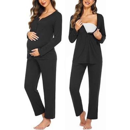 Ekouaer Maternity Nursing Pajama Sets Labor Delivery Pjs Long Sleeve Breastfeeding Pajamas Pregnancy Sleepwear Set Black L
