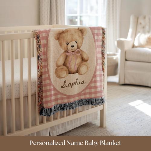 Personalized Classic Teddy Bear Baby Blanket Custom Name Pink Gingham Nursery Decor Girls Room Coquette Heirloom Woven Toddler Gift for Girl