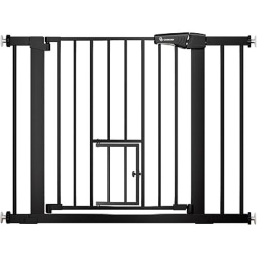COMOMY Auto Close Pet Gate with Cat Door, 29.5"-40.5" Dog Gate for House Doorways Stairs, Pressure Mounted Easy Walk Thru Safety Gate, Includes 4 Wall Cups and 2 Extension Pieces, Black