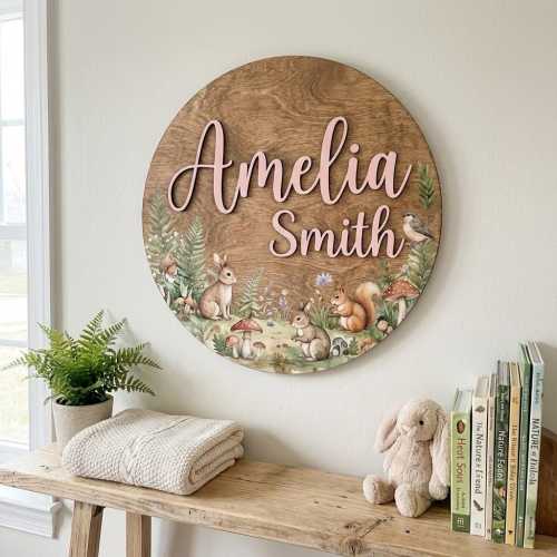 Custom Woodland Name Sign, Forest Friends Nursery Decor, Rabbit and Squirrel Art, 3D Wooden Name Plaque, Mushroom & Fern, Baby Girl Room