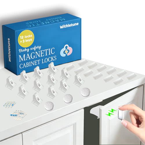 Child Safety Magnetic Cabinet Locks 12Locks & 3 Keys | Adhesive no-drill mount, fits cupboards, drawers, dressers. Strong magnetic safety lock, childproof for home.