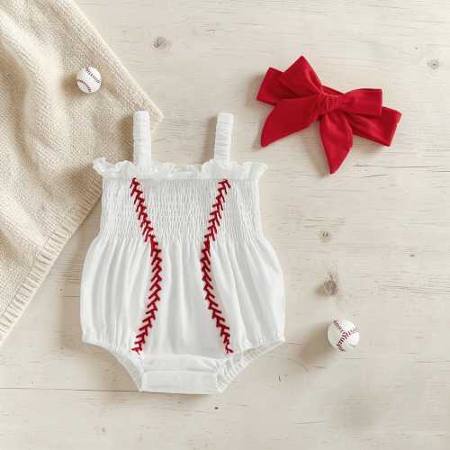 Baby Girls Summer Smocked Baseball Romper, Newborn Gameday Bubble Romper with Headband, Embroidery Outfit