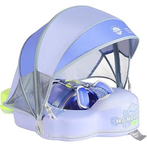 Mambobaby Float Add Tail No Flip Over Non-Inflatable Baby Swim Float Pearl Foam Solid Water Floats Smart Swim Trainer Infant Pool Float Swim Ring with Sun Canopy