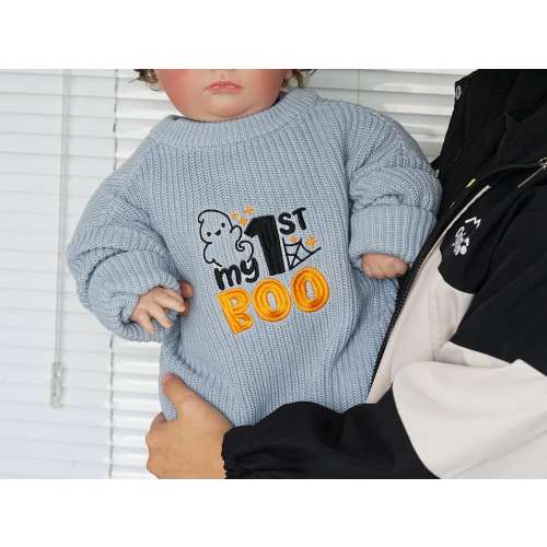 Personalized Baby's First Halloween Sweater, Organic Cotton Knit, Ghost Embroidery