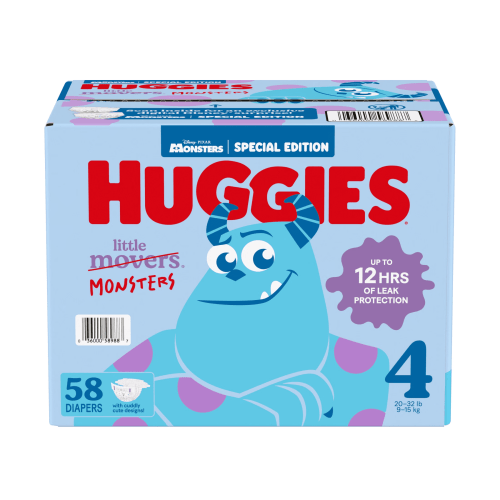 Huggies Little Movers Baby Diapers, Little Monsters Edition, Size 4 (20-32 lbs), 58 Count