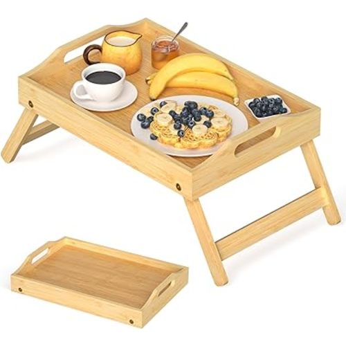 Breakfast Bed Table Tray for Eating, Foldable Food Serving Laptop Tray with Folding Legs, Portable Bamboo Raised Snack Platter, Eating for Bedroom, Picnic, Sofa - Natural