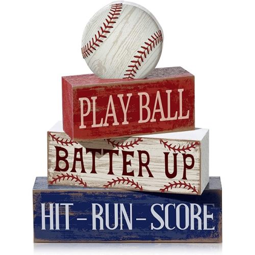4 Pcs Baseball Decorations Sports Wooden Sign Baseball Centerpieces for Tables Tiered Tray Decor Decorative Mini Faux Book Stack Block for Bedroom Boys Room Party Coffee Mantel Shelf