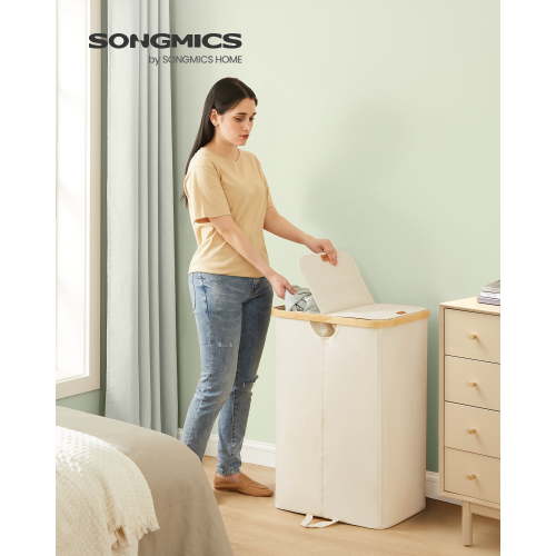 Laundry Hamper with 2 Lids, 39 Gal Dual Compartment Basket with Removable Liners, for Laundry Room Bedroom Living Room, Cream White & Bamboo