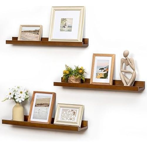 Picture Ledge Wall Shelves 24 inches Width Set of 3, Solid Pine Wood Rustic Floating Ledge Shelves for Wall for Kids' Room Bedroom Kitchen Bathroom Living Room Nursery Display Wall Decor, Walnut