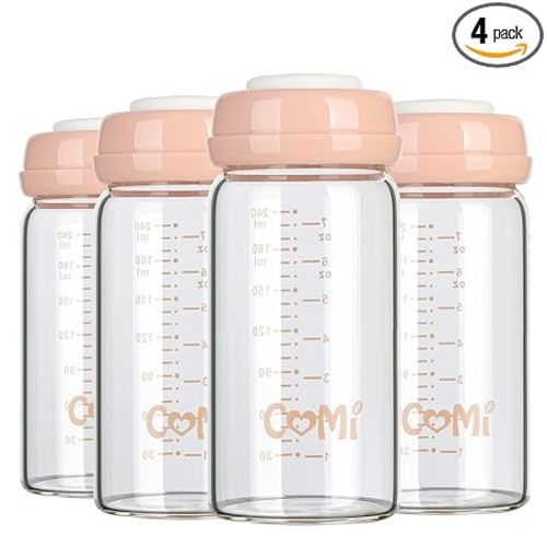 COMI Wide Neck Glass Breastmilk Collection n Storage Bottle, 8oz with Screw Ring Sealing Disk; Re-markable Sealing Disc. BPA Free, Fits Breast Pumps & Nipples (4 Pink Lids)