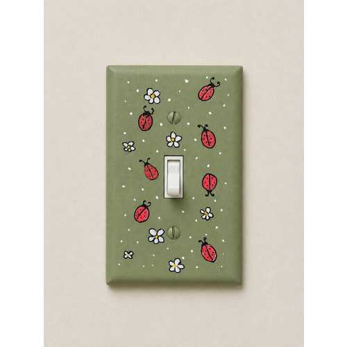 Hand-Painted Ladybug and Daisies Light Switch Plates, Olive Green Background, Nature Kitchen Decor, Outlet Cover Wall Art