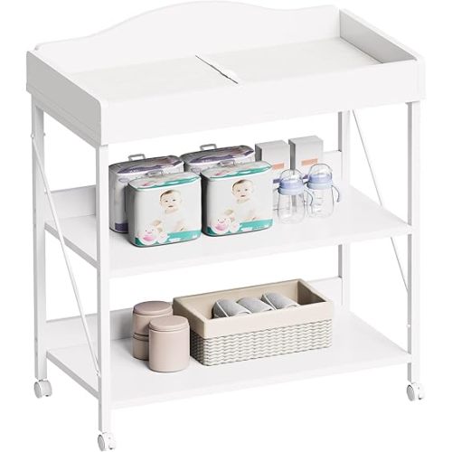 Baby Changing Table, Diaper Changing Station with Pad and Wheels, Two-Tier Open Storage Shelves, Waterproof Diaper pad & Safety Strap, Compact Baby Furniture for Nursery, White