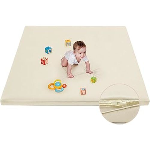 Waterproof Baby Play Mat for Floor Memory Foam 50 * 50 Cushion Playpen Playmat Tummy Time Crawling Mat Nursery Rug Thick Pad Create Soft & Safe Area for Infants,Toddler,Kids,Beige