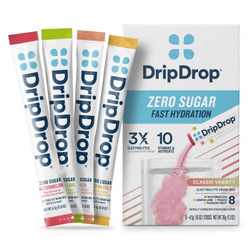 DripDrop Zero Sugar Fast Hydration - Watermelon, Lemon Lime, Peach, and Passion Fruit Electrolyte Powder Drink Mix, 8 Count