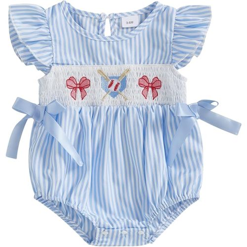 Infant Girl Smocked Baseball Romper Newborn Baby Summer Clothes Embroidery Bow Fly Sleeve Bodysuit Tops